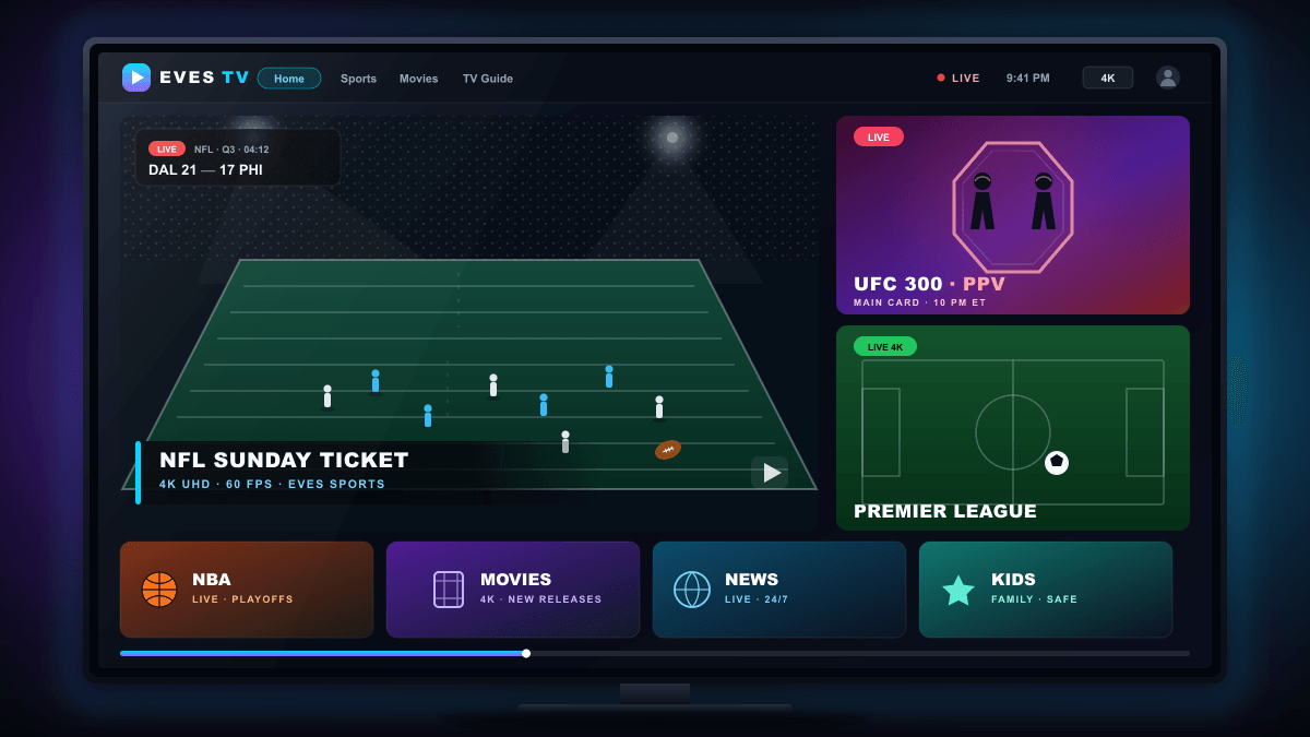 EVES TV 4K streaming dashboard on an ultra-thin OLED TV showing NFL Sunday Ticket, UFC, NBA and Premier League